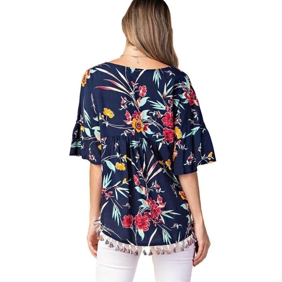 Kori America Navy Floral Pom Pom Boho Top- small - Picture 3 of 13